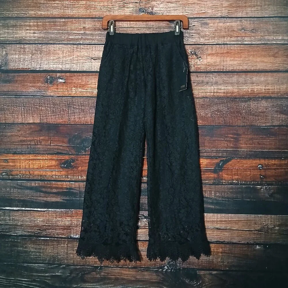 NWT SMF Pants M Black Lace Wide Leg Ankle Fringe Pockets Made in Portugal